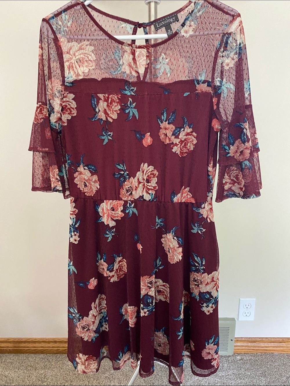 Luxology Burgundy Floral Mesh-Sleeve Midi Dress